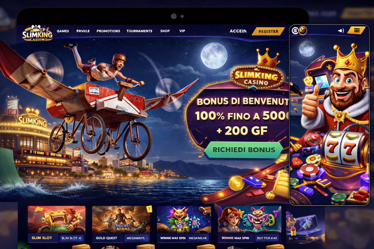 A joyful young man wearing a boxing helmet, white tank top, and red shorts kneels on a casino table surrounded by poker chips, playing cards, and two large tablet screens showing slot machine games. He raises both hands in a celebratory gesture while smil