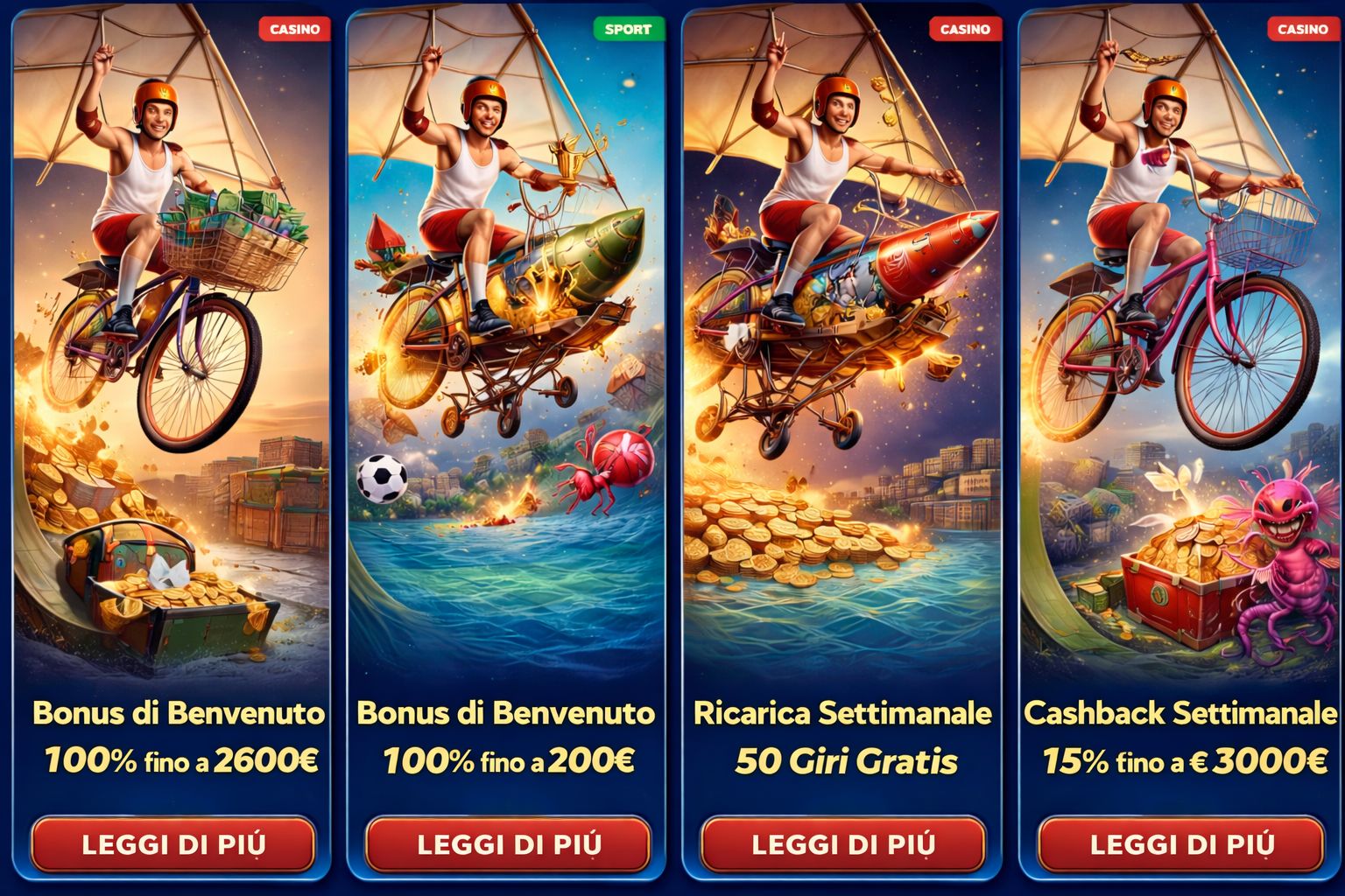 Smiling man holding phone with ‘50 free spins’ offer, standing over pile of gold coins, promoting weekly reload bonus.
