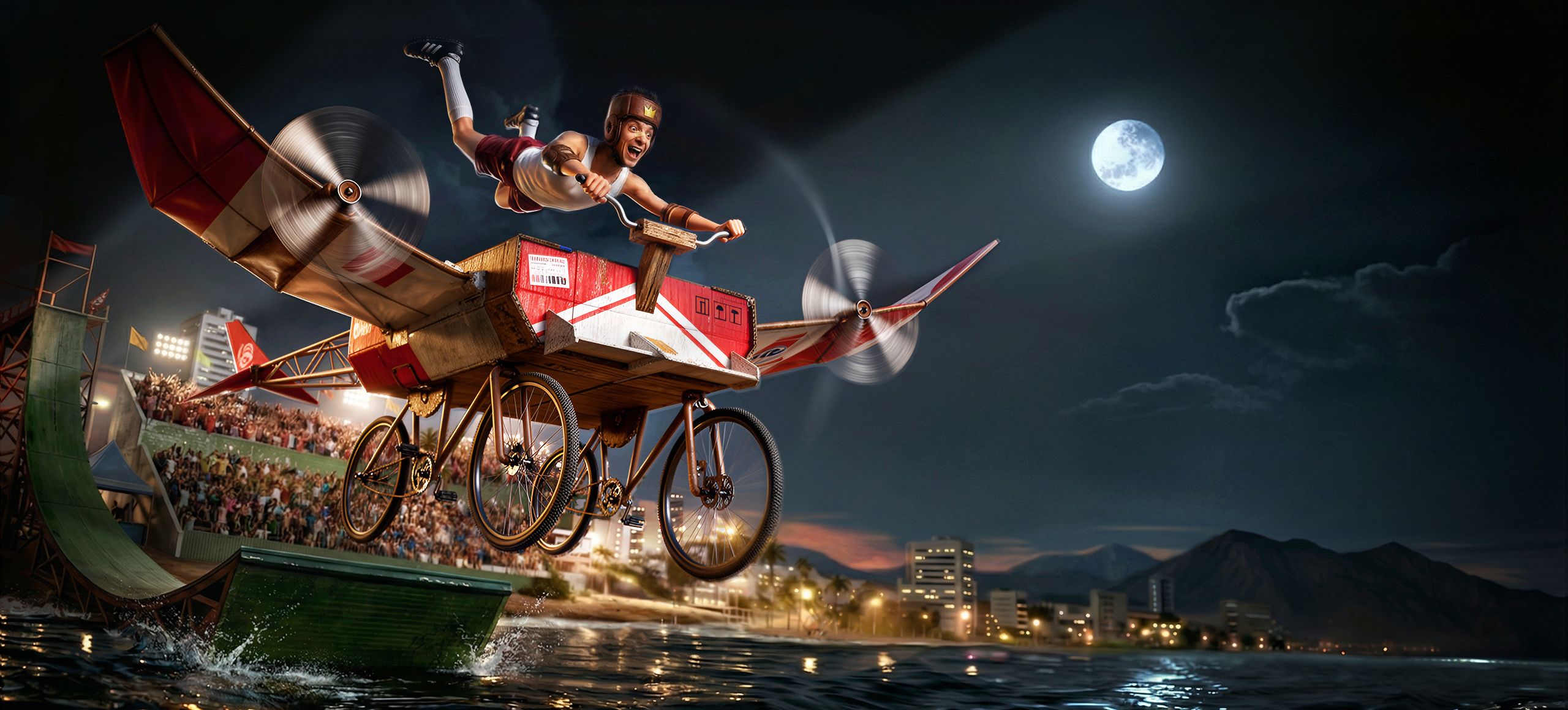 Man flying a homemade pedal-powered aircraft with spinning propellers over water at night, performing a stunt jump in front of a cheering crowd and stadium lights with city skyline and full moon in the background