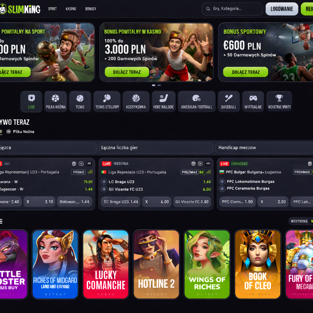 SlimKing online casino and sports betting website featuring welcome bonuses, free spins promotions, live football betting odds, sports categories navigation, and popular slot games like Lucky Comanche, Hotline 2, Wings of Riches, and Book of Cleo